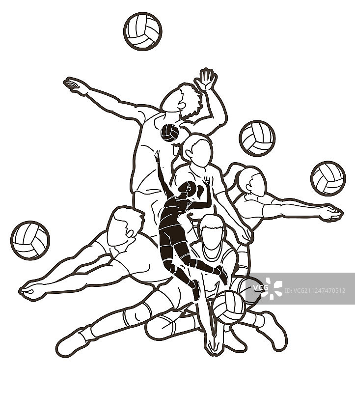 排球运动员动作卡通图形组合图片素材