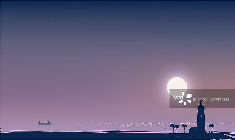 有灯塔、棕榈树和船只的热带海景图片素材
