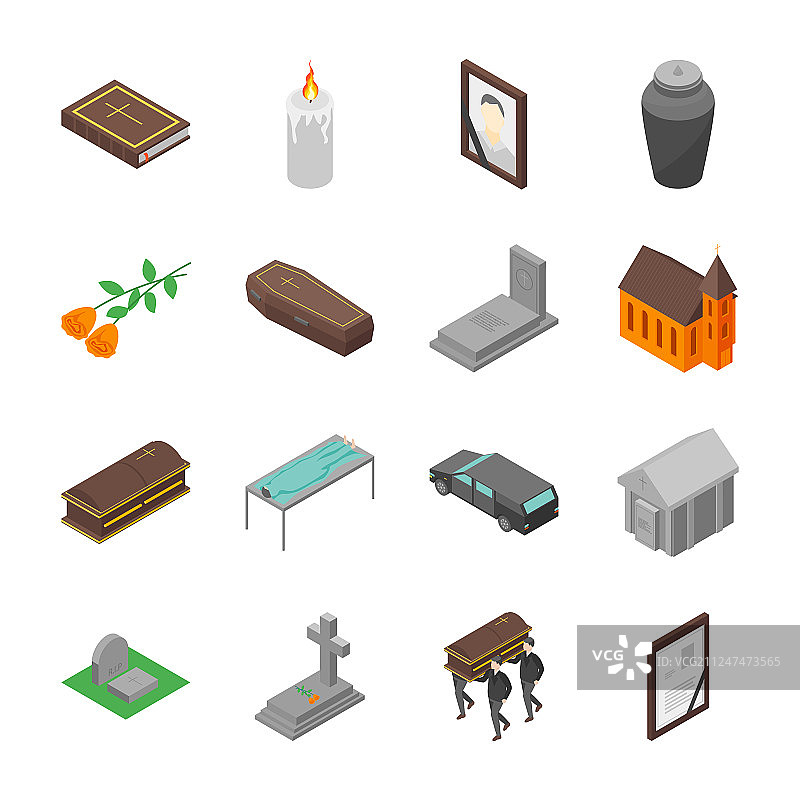 葬礼标志3D图标等距视角套装图片素材