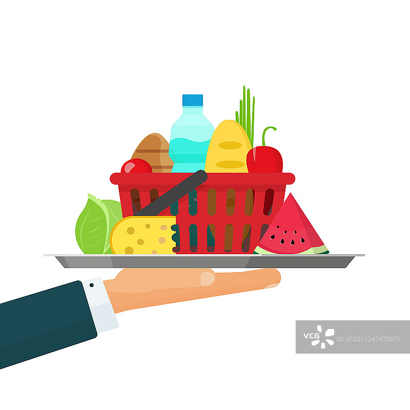 服务员手持托盘上的杂货食品图片素材