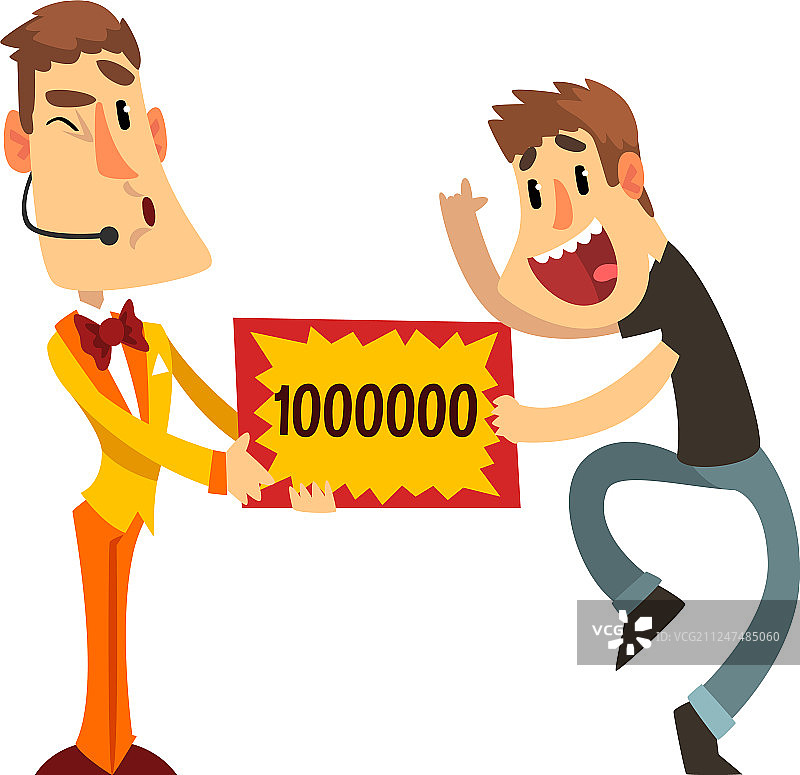 新闻播音员和快乐的男人拿着中奖支票图片素材