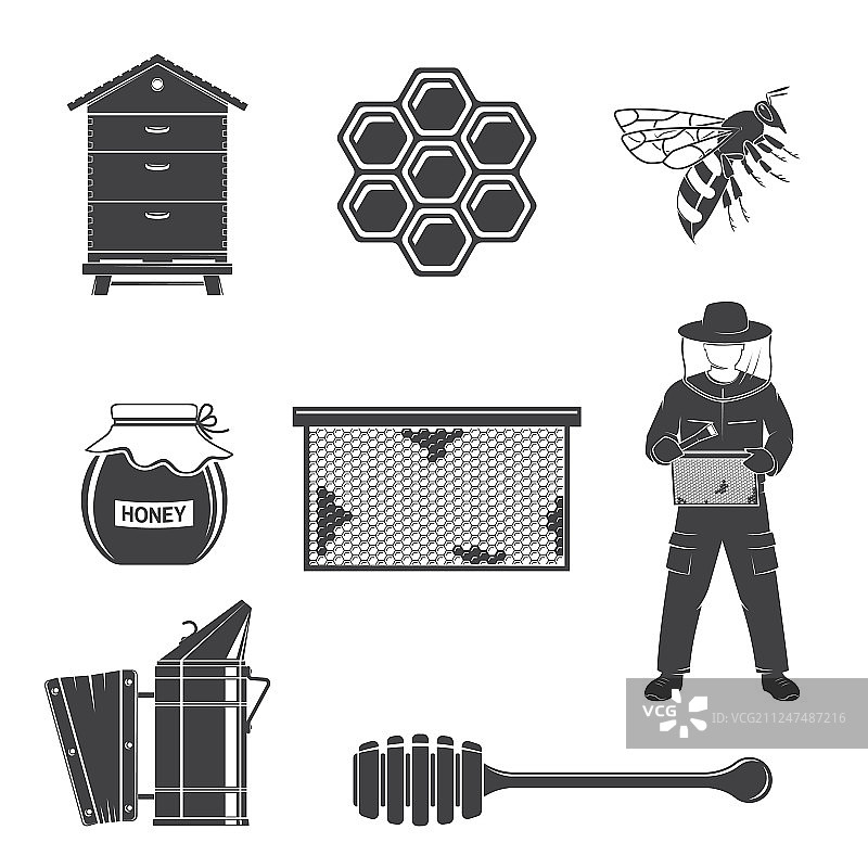 养蜂设备轮廓图标套装图片素材