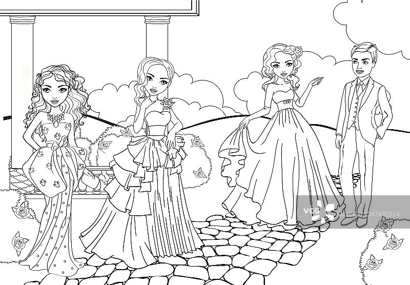 着色书：公园里的礼服女孩图片素材