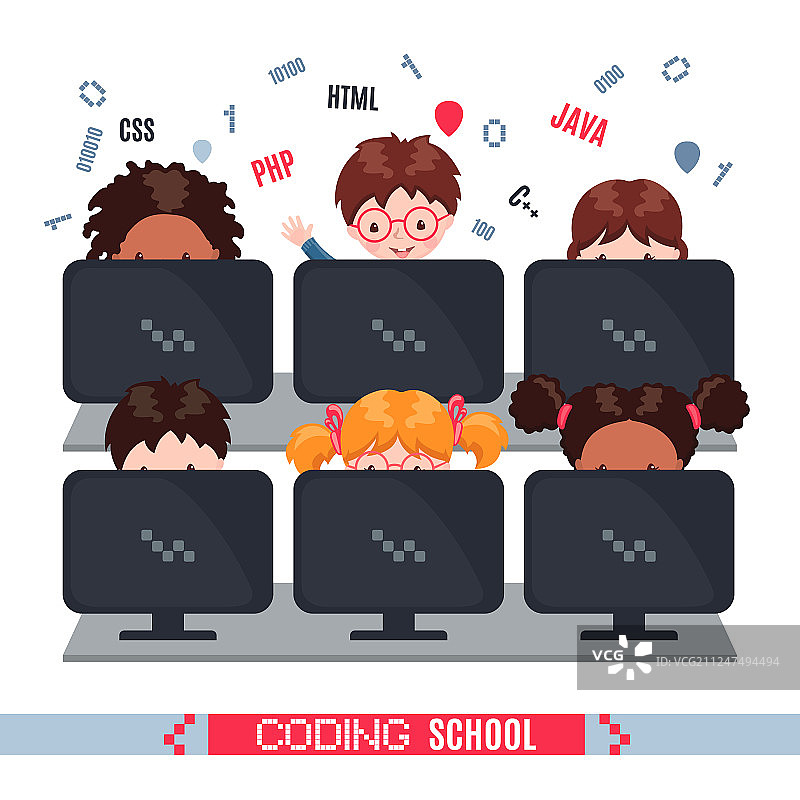 孩子们在学校用笔记本电脑学习编程图片素材