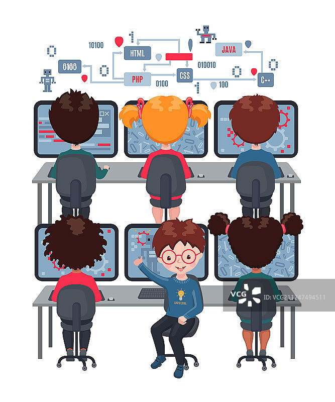 孩子们在学校用笔记本电脑学习编程图片素材