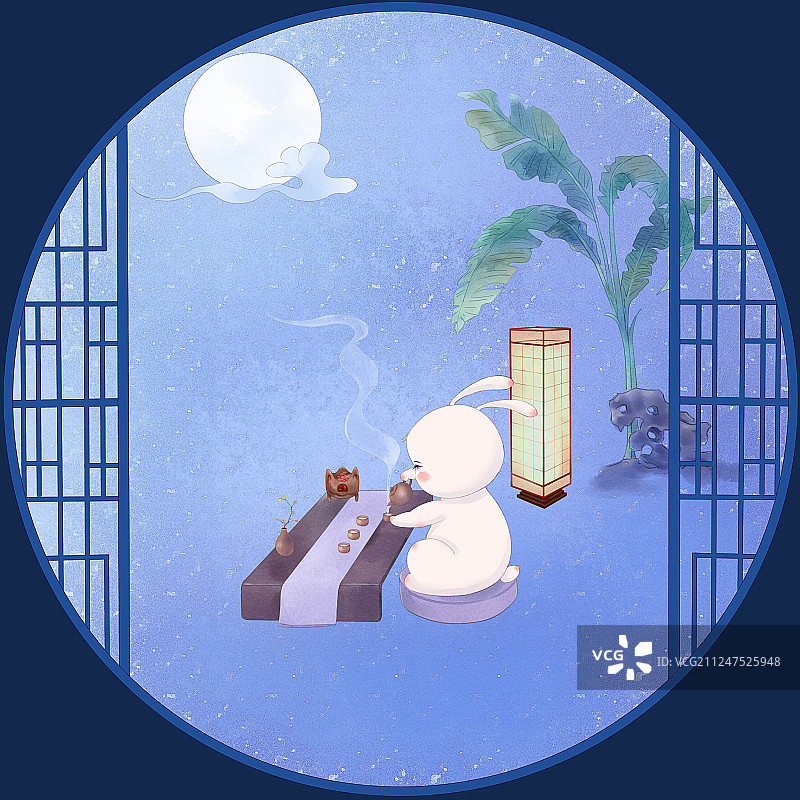 兔兔的月亮生活-烹茶图片素材