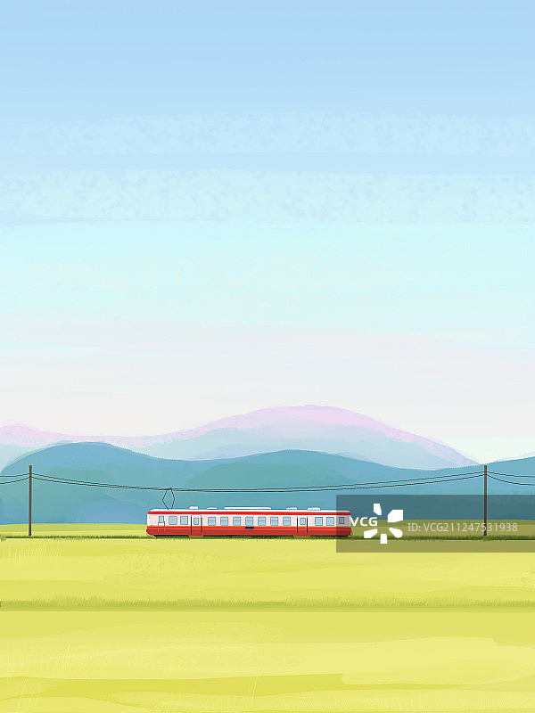 扁平风小清新风景电车场景图片素材