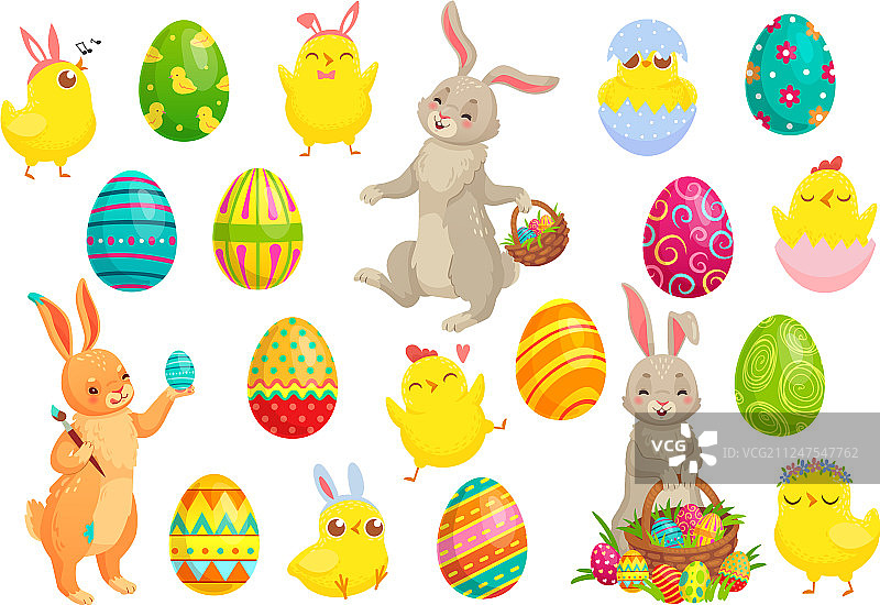 复活节兔子、彩蛋、可爱兔子、春季小鸡图片素材