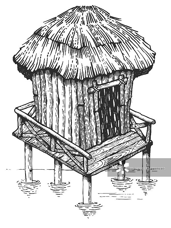 水上小屋雕刻风格图片素材