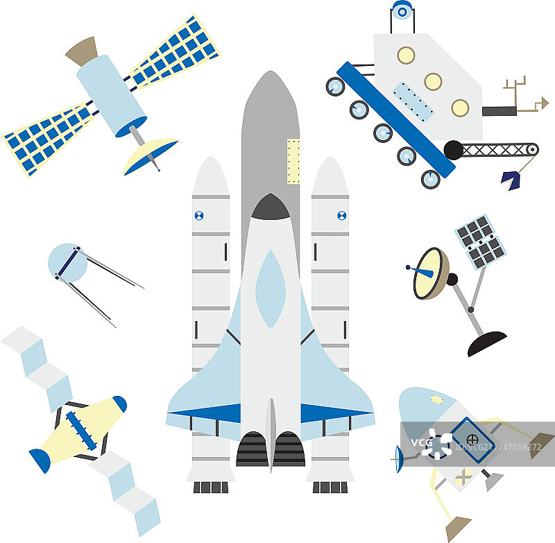 扁平风格航天元素：航天飞机与卫星图片素材
