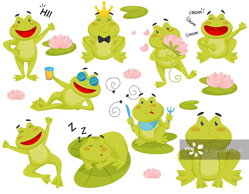 扁平风格不同动作的青蛙合集图片素材