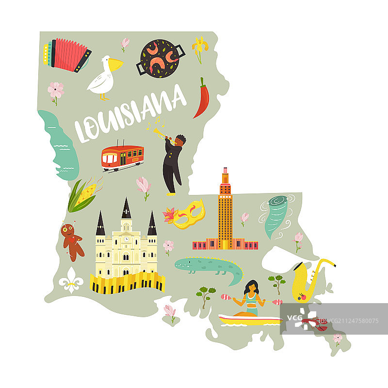 带有地标和符号的路易斯安那州卡通地图图片素材