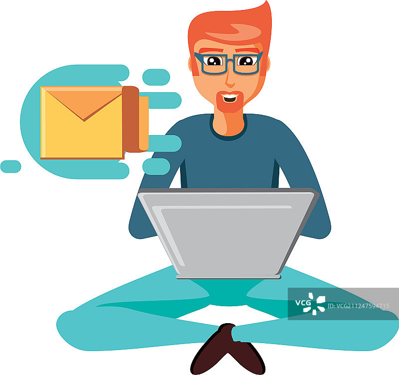 男人坐着，拿着笔记本电脑和信封邮件图片素材