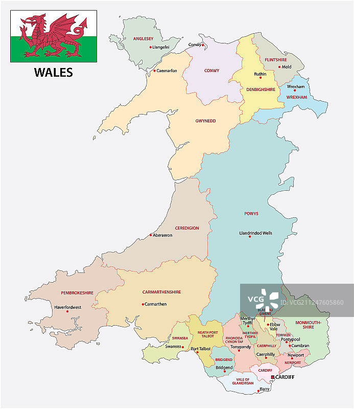 带有旗帜的威尔士行政和政治地图图片素材
