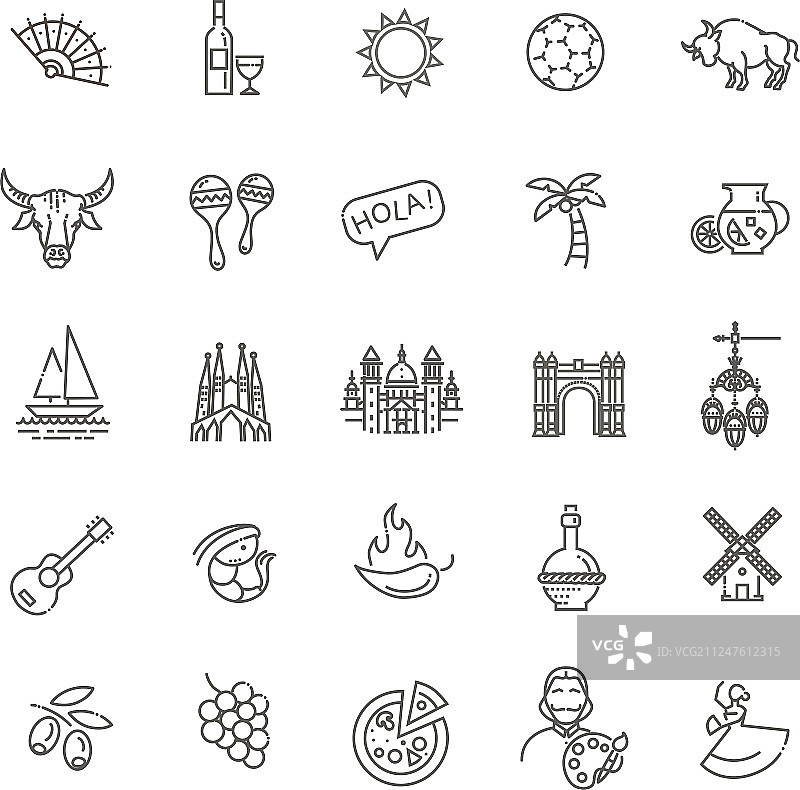 西班牙轮廓图标套装图片素材