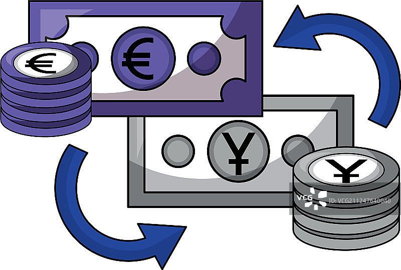 外汇票据，日元和欧元硬币堆叠图片素材