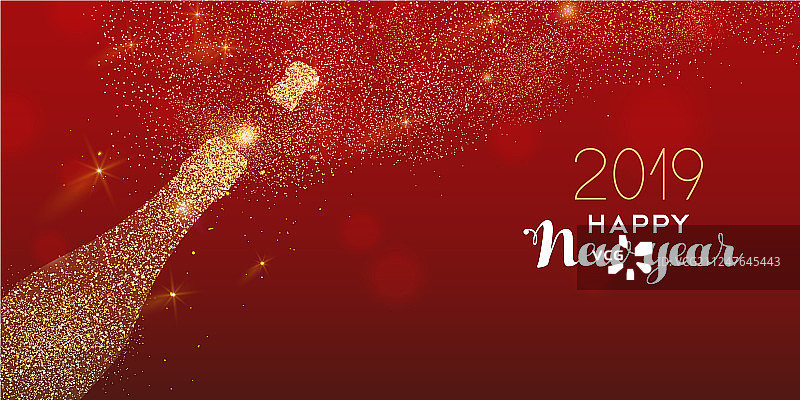2019新年金色闪光香槟酒瓶贺卡图片素材