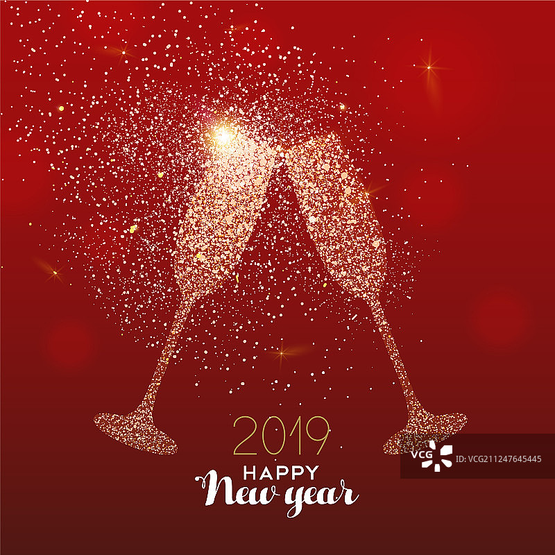 2019新年金色闪光玻璃祝酒卡图片素材