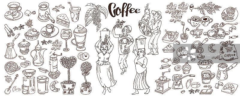 单色咖啡元素集合素描图片素材