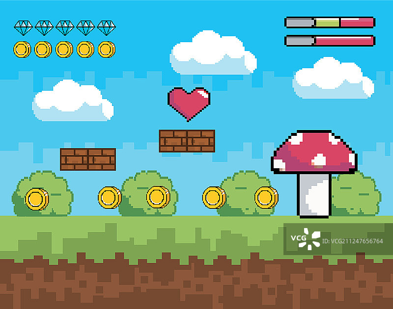 像素化真菌与灌木丛游戏场景图片素材