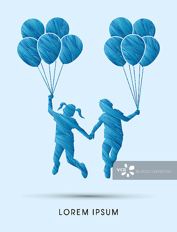 和小气球一起跳跃的小男孩和小女孩图片素材