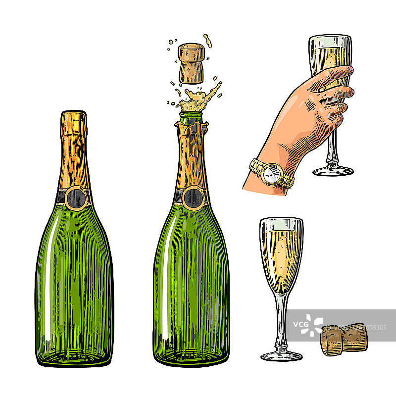 香槟酒瓶爆炸和手持酒杯图片素材