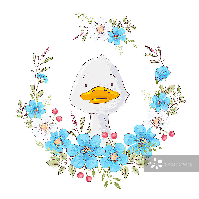 花环中的可爱小鸭明信片海报图片素材