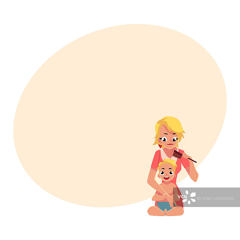 年轻的母亲梳理宝宝的头发半身照图片素材