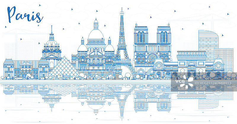 蓝色巴黎城市天际线轮廓图片素材