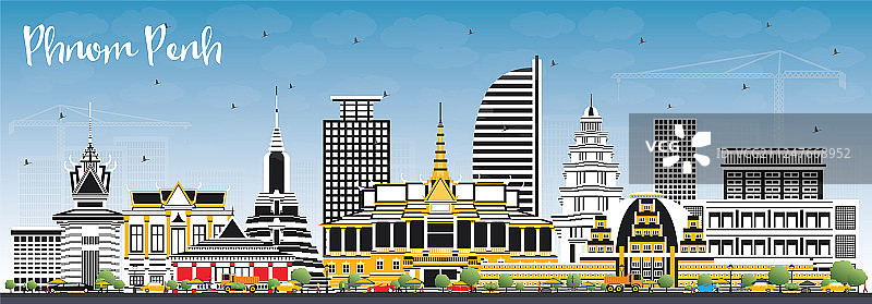 彩色金边柬埔寨金边城市天际线图片素材