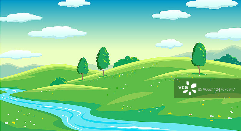 彩色夏季明亮田野河流景观图片素材