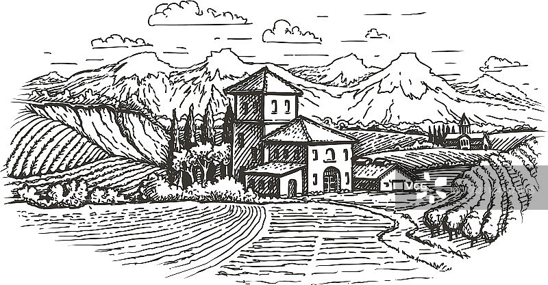 手绘乡村景观农场葡萄园图片素材