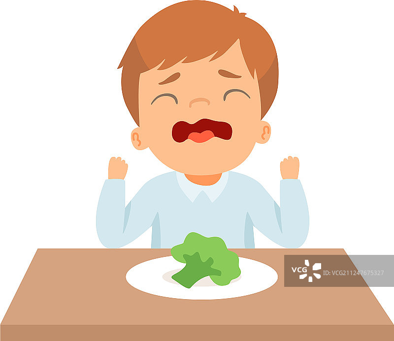拒绝吃西兰花的哭泣小男孩图片素材