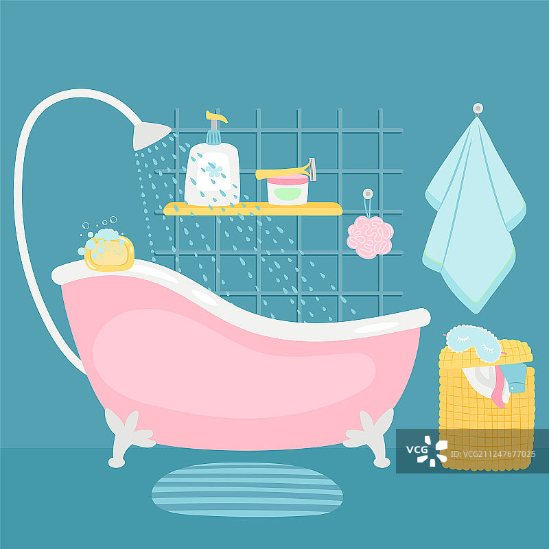 卡通浴室内部浴缸和配件图片素材