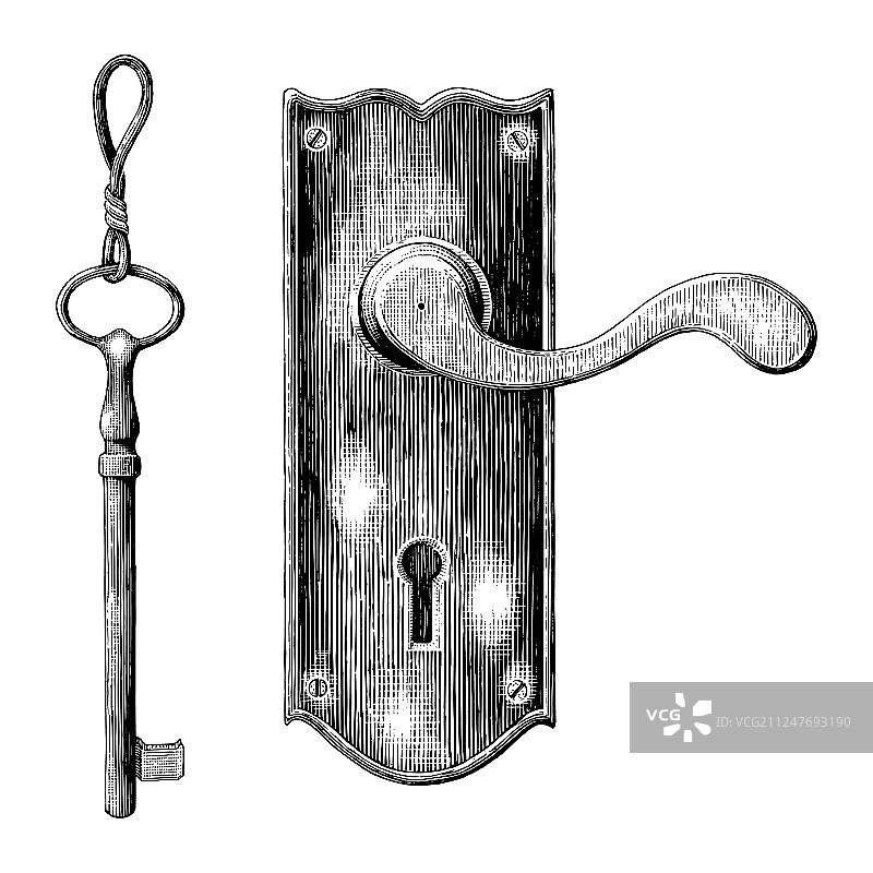 复古门闩和钥匙手绘雕刻风格图片素材