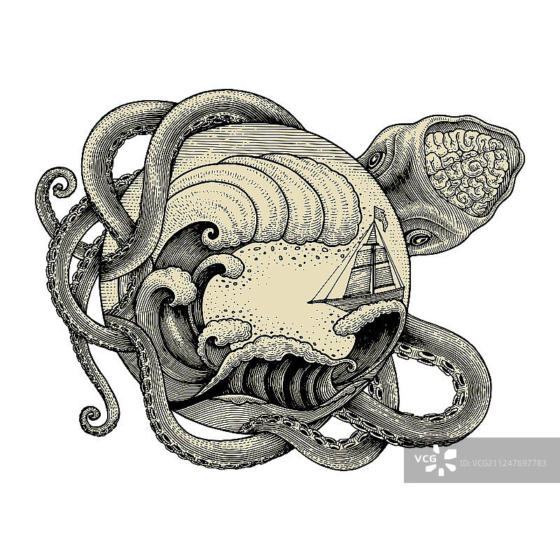 巨型章鱼袭击船只和大浪图片素材