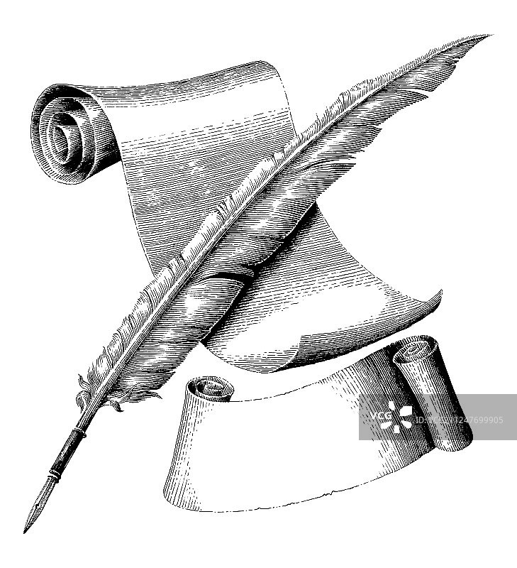 羽毛笔和带banner的手绘空白纸图片素材