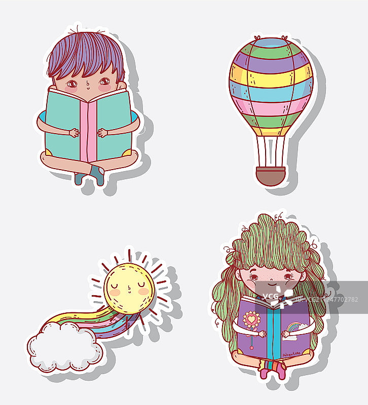 男孩和女孩在热气球旁读书图片素材