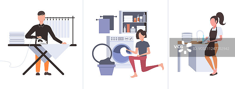 男人熨烫衣服 女人整理脏衣服图片素材