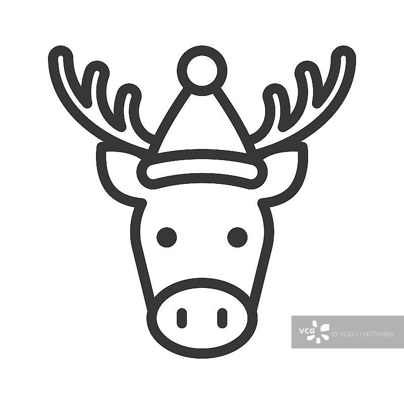 戴圣诞老人帽的驼鹿轮廓图标，可编辑图片素材