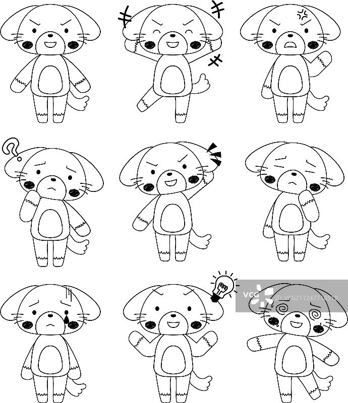 可爱的狗狗角色黑白全身像图片素材