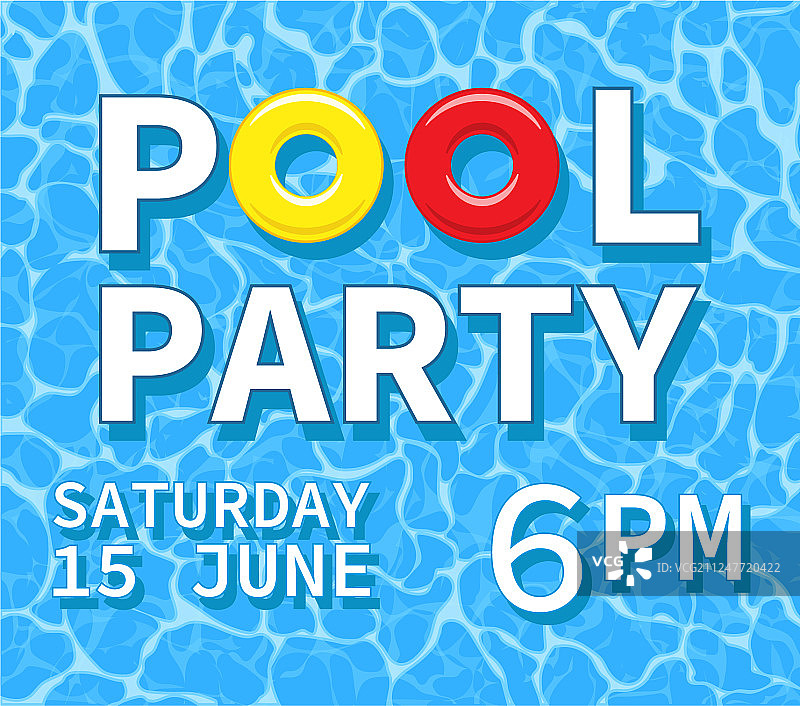 泳池派对海报：泳池玩具和黄色橡胶圈图片素材