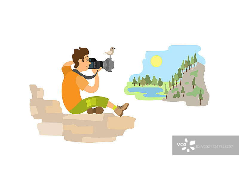 摄影师在岩石上拍摄风景图片素材
