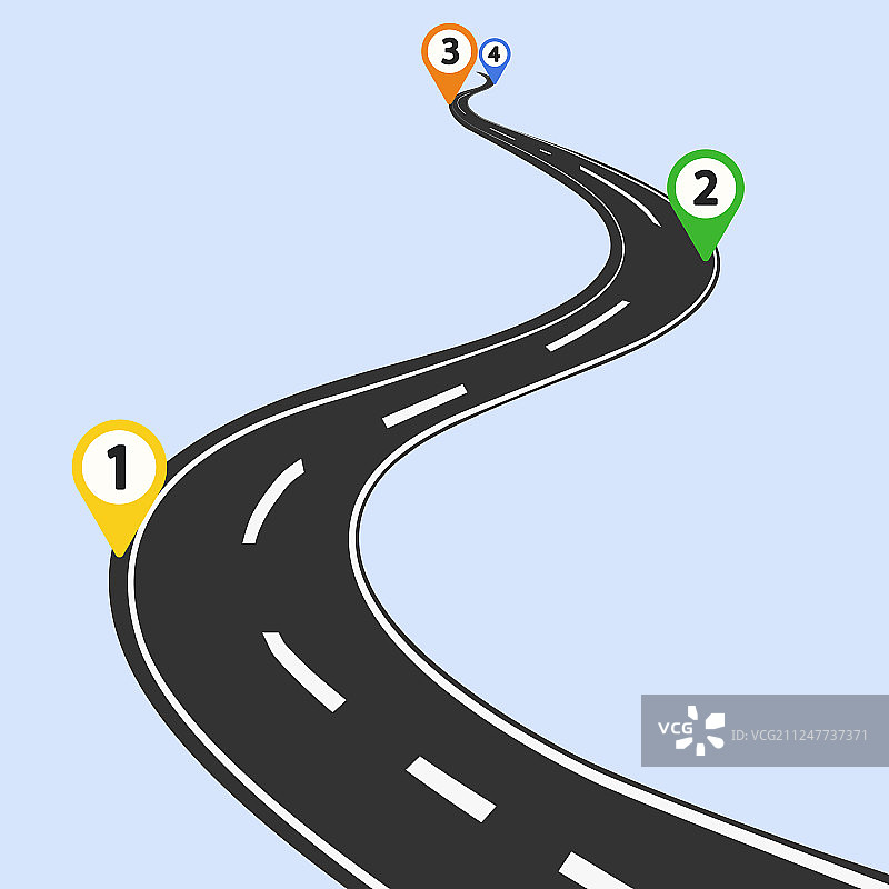 带有彩色图钉检查点的弯曲道路信息图图片素材