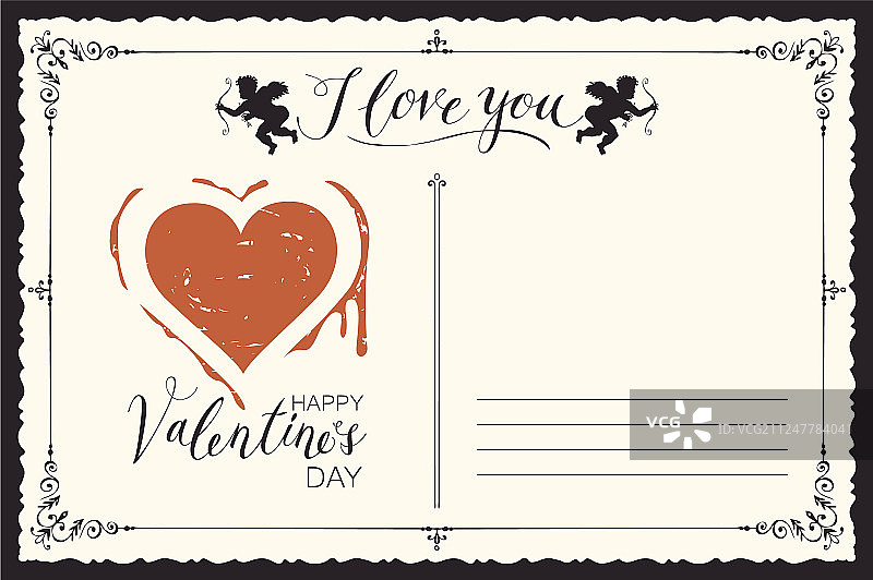 复古情人节贺卡与铭文和心形图片素材
