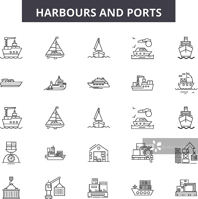 港口线性图标符号集轮廓图片素材