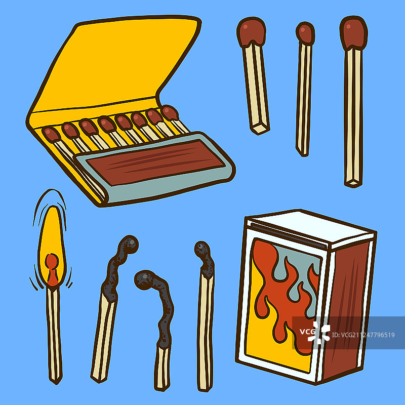 安全火柴点燃燃烧图标卡通套装图片素材
