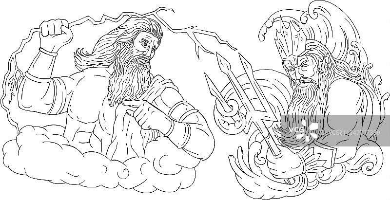 宙斯与波塞冬的黑白绘画图片素材