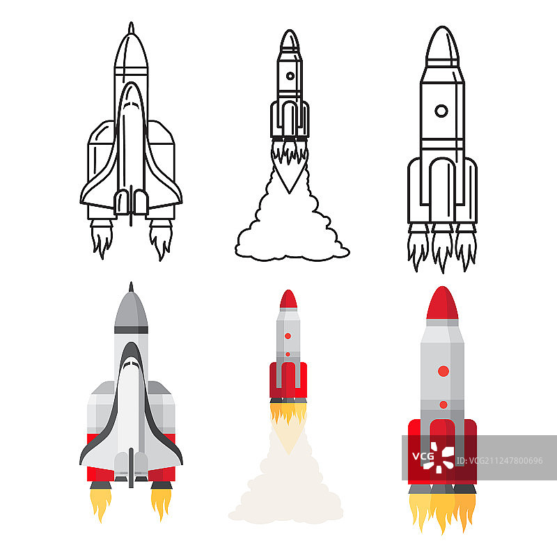 卡通和涂鸦线空间火箭设置图片素材