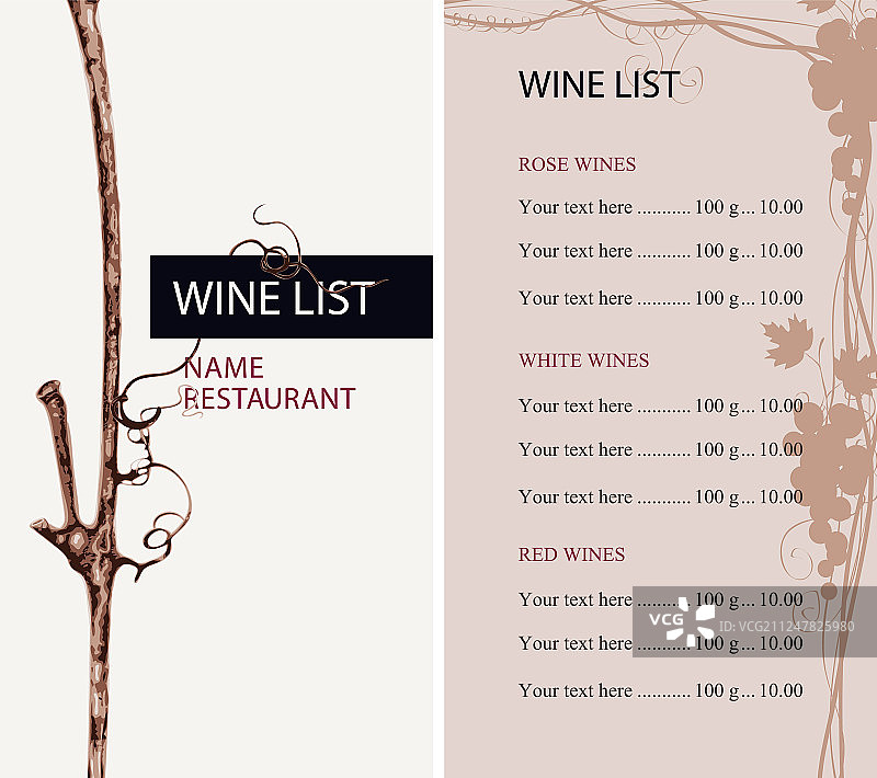 带有葡萄枝和价格表的葡萄酒单图片素材